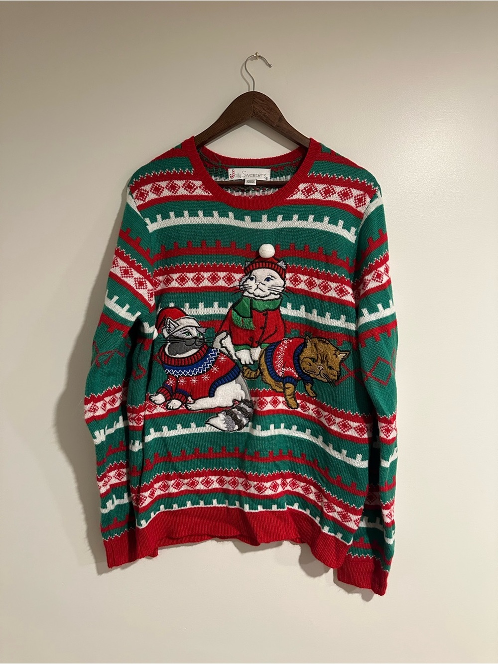 Holiday Crewneck Sweater with Festive Cat Trio - Green & Red